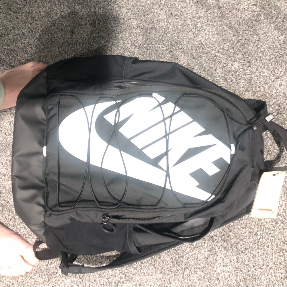 Nike Black Backpack with Large White Logo and Front Bungee